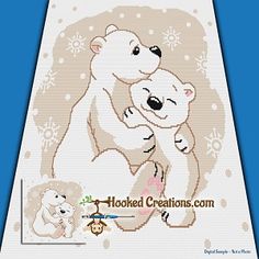 two bears hugging each other with snowflakes on the ground in the background and text hooked creations com