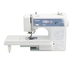 the brother sewing machine is white and has blue trimming on it's side