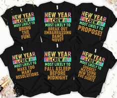 four new year t - shirts with the words'new year crew'printed on them