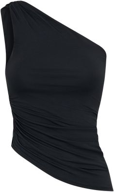 Asymmetrical Seamless Fitted Tops, Seamless Fitted Asymmetrical Tops, Fitted Asymmetrical Seamless Top, Black One-shoulder Elastane Tops, Black Stretch One-shoulder Tank Top, Solid One Shoulder High Stretch Tops, Black One-shoulder Top With Asymmetrical Neckline, Black One Shoulder Top With Asymmetrical Neckline, High Stretch One-shoulder Summer Tops