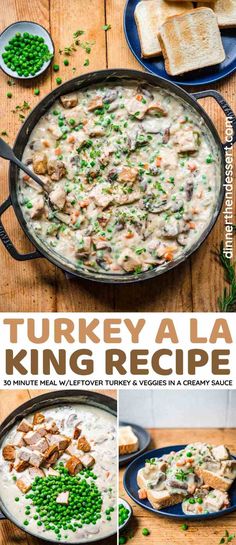 turkey la king recipe in a cast iron skillet with peas and crackers on the side