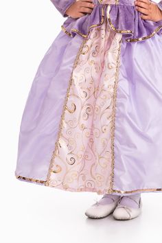 Your little one will be instantly transported into a magical world of princes, witches, and castles with our Classic Rapunzel dress. Lavender stretch velvet bodice "laced" up with sparkling gold trim Puffy pink china silk sleeves with purple ribbon accents Velvet peplum overskirt lavender china silk skirt with light pink inset, embellished with gold pattern and trims Breathable, Silky Soft, 100% Polyester Fabrics Accessories Sold Separately ⚠️WARNING: CHOKING HAZARD 》 ⚠️WARNING: CHOKING HAZARD - Lavender Skirt, Rapunzel Dress, Pink China, Princess Sleeves, Toddler Costumes, Fabric Accessories, Purple Ribbon, Children's Boutique, Stretch Velvet