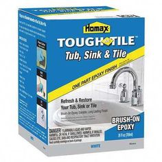 a box of tough tile tub, sink and tile adhesivent on a white background