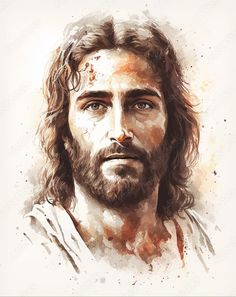 the face of jesus painted in watercolor with words that read, perfected in christ