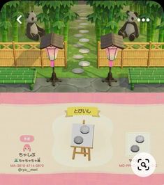 an animal crossing game with two pandas sitting on benches and one standing in front of the camera