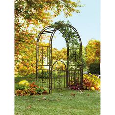 an iron garden arbor in the middle of a yard