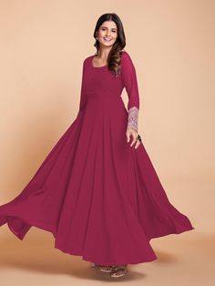 Brighten up your festivities with our stunning ready-to-wear pink gown paired with a matching dupatta. This elegant ensemble is the perfect choice to elevate your style and make a statement at any event.
Constructed out of faux georgette fabric, this gown is not only visually appealing but also incredibly comfortable to wear. The lightweight and breathable fabric ensure that you will feel at ease throughout the day or evening. The soft texture of the fabric adds a touch of luxury, making you fee Semi-stitched Anarkali Dress For Reception, Festive Zari Work Dress With Fitted Bodice, Festive Dresses With Zari Work And Fitted Bodice, Semi-stitched Long Sleeve Gown For Diwali, Semi-stitched Floor-length Gown For Eid, Festive Anarkali Gown With Fitted Bodice, Eid Georgette Maxi Dress, Anarkali Gown With Self Design For Reception, Bollywood Semi-stitched Straight Kurta Gown