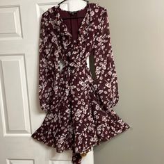 V-Neck Floral Dress Elastic Waist Line With Floral Tie. Sheer Sleeves. Fully Lined, Dress And Lining 100% Polyester. Falls Just Below The Knee. Pink And Red Dress, Burgundy Floral Dress, Knee Length Dresses Casual, Brown Sweater Dress, Grey Knit Dress, Bodycon Sweater Dress, Velour Dress, Black Sweater Dress, Womens Shift Dresses