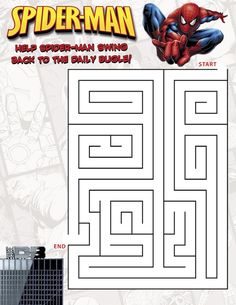 a spiderman maze is shown with the words help superman swing back to the baby buggy