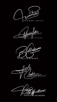 four different signed autographs are shown in white ink on a black background with the words,