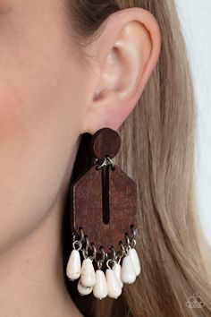 Western Retreat - White & Brown Wooden Earrings - Chic Jewelry Boutique Fringe Earring, Wooden Circle, Brown Stone, Simple Tshirt, Paparazzi Accessories, Wooden Earrings, Chic Jewelry, White Earrings, Paparazzi Jewelry