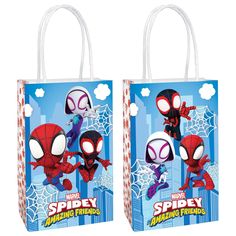 two spider - man shopping bags with the same character on them