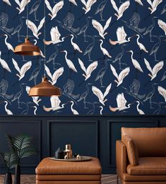 Vibrant Crane Silhouette Navy Wallpaper Crane Wallpaper Bathroom, Egret Wallpaper, Crane Mural, Wetland Landscape, Coastal Chinoiserie, Crane Wallpaper, Asian Wallpaper, Timeless Interior Design, Wallpaper Tropical