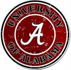 the university of alabama logo is shown in red and white with black letters on it