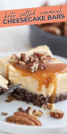 a piece of cheesecake with pecans and caramel on top