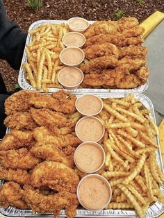 two trays filled with different types of fried food