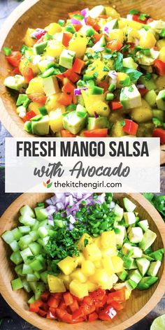 fresh mango salsa with avocado in a wooden bowl on top of a table