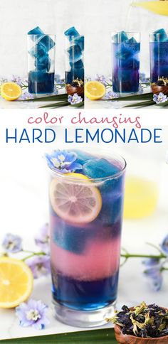 the color changing hard lemonade is in a glass next to some lavenders and lemon slices