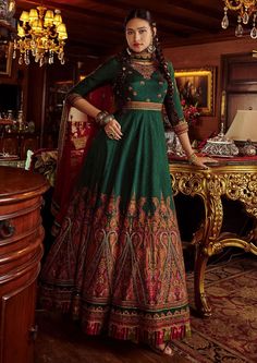 Kalista-Mehjabeen Green Anarkali And Dupatta-INDIASPOPUP.COM Anarkali With Dupatta, Green Anarkali, Blouse Yoke, Embroidered Anarkali, Sequins Fabric, Embroidered Dupatta, Silk Dupatta, Bottle Green, Thread Work