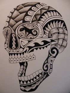 a black and white drawing of a skull with intricate designs on it's face