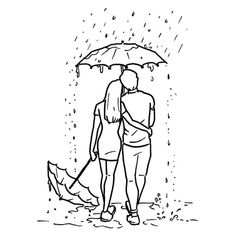 a man and woman standing under an umbrella in the rain, black and white drawing