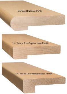 three different types of wood planks with measurements for each piece and the names on them