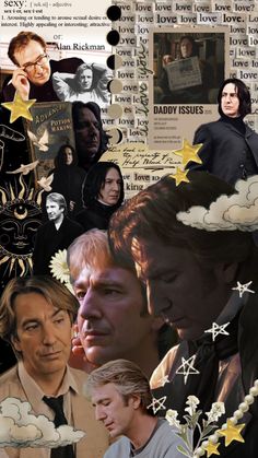 collage of people with stars and clouds in the sky, including one man holding a book