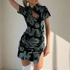 Waistline: Natural Neckline: O-Neck Material: Polyester Season: Summer Gender: WOMEN Type: regular Pattern Type: Print Fabric Type: Polyester Dragon Print Dress, Goth Skirts, Plus Size Kawaii, Kawaii Goth, Cheongsam Dress, Dragon Print, Tshirt Skirt, Shirt Skirt, Cheongsam