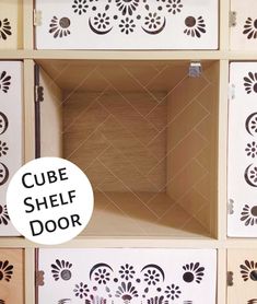 cube shelf door with decorative stencils on the sides