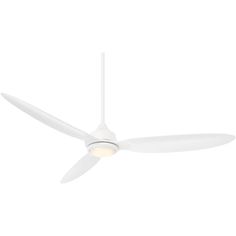 a white ceiling fan with two blades on the top and one light on the bottom