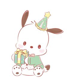 a cute little bunny holding a gift box with a cupcake on it's side