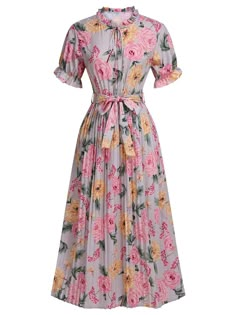 Pink 1930s Floral Bow Tie Pleated Dress | Retro Stage Best Dress For Girl, Apostolic Clothing, Apostolic Pentecostal, Pentecostal Outfits, Retro Stage, Romantic Florals, Pentecostal Fashion, Sewing Templates, Floral Bow Tie