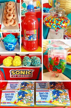 sonic the hedgehog birthday party food and candy table with gummy bears, donuts, cereals, cookies, water bottle