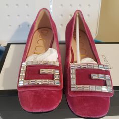 Authentic Gucci Raspberry Rose Velvet Loafers. Crystal G. Size 38=8. Never Worn. Comes With Original Box, Care Card And Dust Bags. Luxury Pink Leather Flats, Pink Leather Party Flats, Evening Pink Round Toe Flats, Gucci Leather Low Heels, Gucci Leather Low Heel Heels, Gucci Leather Low Heel Shoes, Gucci Leather Heels With Low Heel, Pink Leather Flats For Evening, Pink Closed Toe Evening Flats