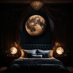 the moon is lit up in this dark bedroom