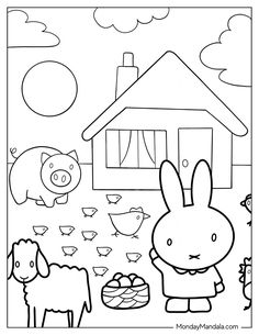 a coloring page with an image of a rabbit and farm animals in front of a house