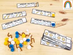 the weather patterns are displayed on a wooden table with cotton balls and other items to make it