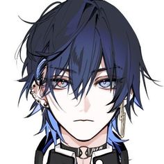 an anime character with blue hair and piercings on his ears is looking at the camera