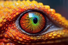 the eye of an orange and yellow chamelon lizard is seen in this close up photo