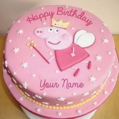 a pink birthday cake with pep the pig on it's top and name written in white stars