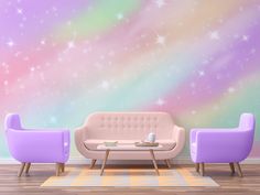 a living room with two couches and a coffee table in front of a colorful wall