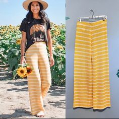 Amazing Crochet Style Cotton Blend Wide Leg Trousers/Pants In Yellow Striped Pattern With Elastic Waistband. Perfect For Beach Vacation, Cover-Up Pants For Swim Suite, Or Everyday Summer Pants. 51% Polyester - 49% Cotton Fitted Knit Bottoms For Spring, Striped Stretch Pants For Summer, Versatile Elastic Bottoms For Spring, Versatile Elastic Summer Bottoms, Versatile Elastic Bottoms For Summer, Summer Versatile Elastic Bottoms, Versatile Fitted Bottoms For Vacation, Summer Knit Fitted Pants, Fitted Knit Pants For Spring