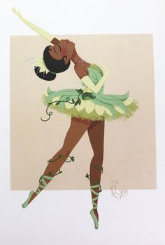 a drawing of a ballerina in green and white with her arms stretched out to the side