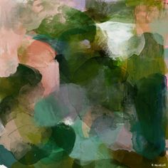 an abstract painting with green and pink colors