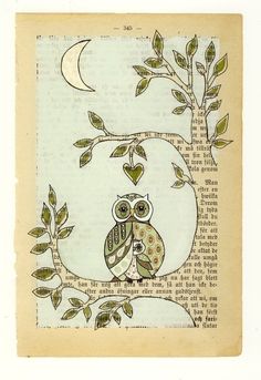 an owl sitting on top of a tree branch under a full moon with green leaves