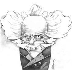 a drawing of an old man in a suit with wings on his head and eyes