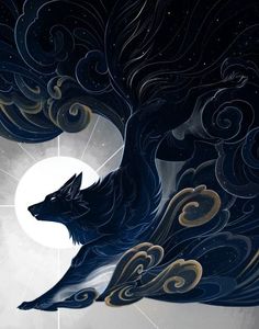 an artistic painting of a wolf with the moon in the background