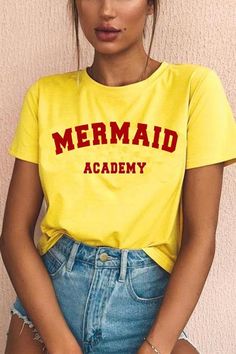 "Sea Shell Mermaid Academy T-shirt Cool Funny Summer Mermaid Vintage Tee AVAILABLE SIZES: S,M,L,XL,2XL, 3XL COLOR: WHITE, BLACK, SUNFLOWER, HEATHER GREY CONDITION: BRAND NEW T-SHIRT SPECS : 100% high quality pre-shrunk cotton (165 g/m2) jersey). Taped neck and shoulders, twin needle stitching, seamless collar. PRINT: Highest quality print - not cheap \"iron-on\" transfers! MEASUREMENTS : width - armpit to armpit ; length - the body length is measured in a straight line from the highest point of Grunge Teen, Mermaid Vintage, Shell Mermaid, Black Sunflower, Funny Summer, Unicorns And Mermaids, Summer Humor, Hipster Grunge, Straight Line