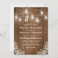 rustic mason jar string lights wedding card