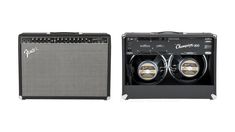 two amps sitting next to each other on top of a white background and one is black